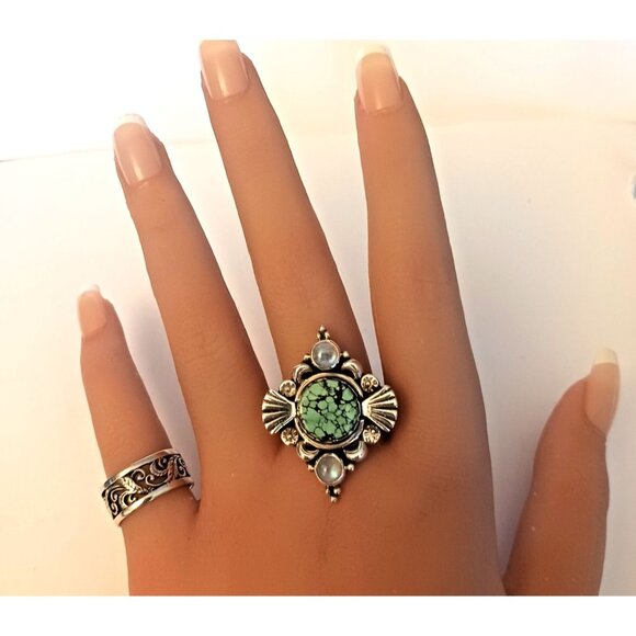 Tibetan Turquoise Moonstone Sterling Ring sz.11 (1569) - Picture 2 of 7